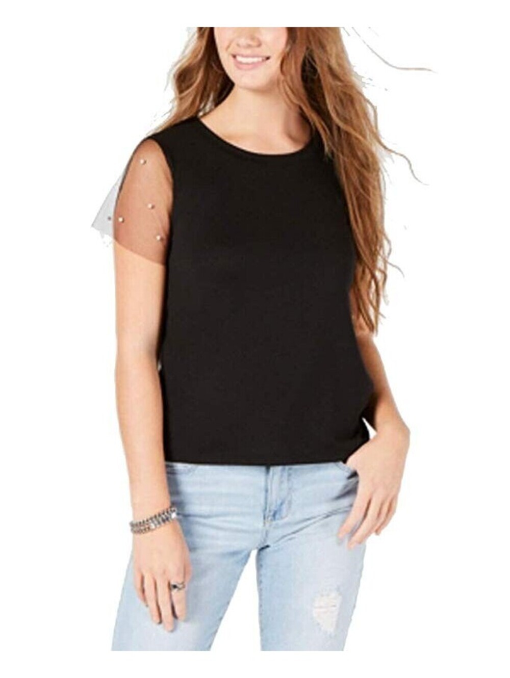Crave Fame Womens Sheer-Sleeve Embellished Top Size L